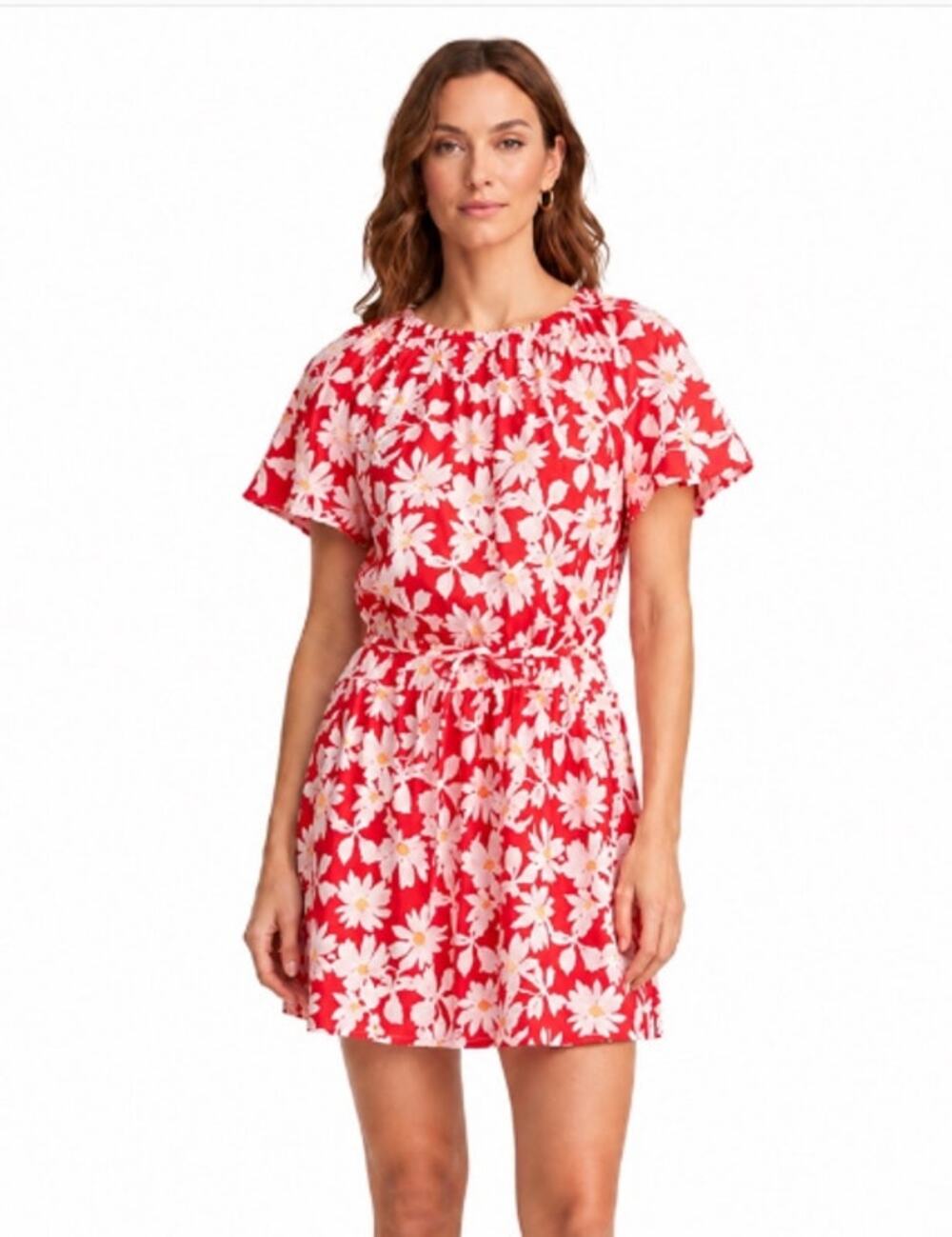 Free Assembly Women's Mini Dress Size XS Red Floral Fit & Flare Flutter Sleeves